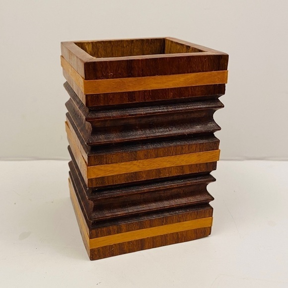 Wooden box storage wood brush holder pen holder striped dimensional office - Picture 7 of 9